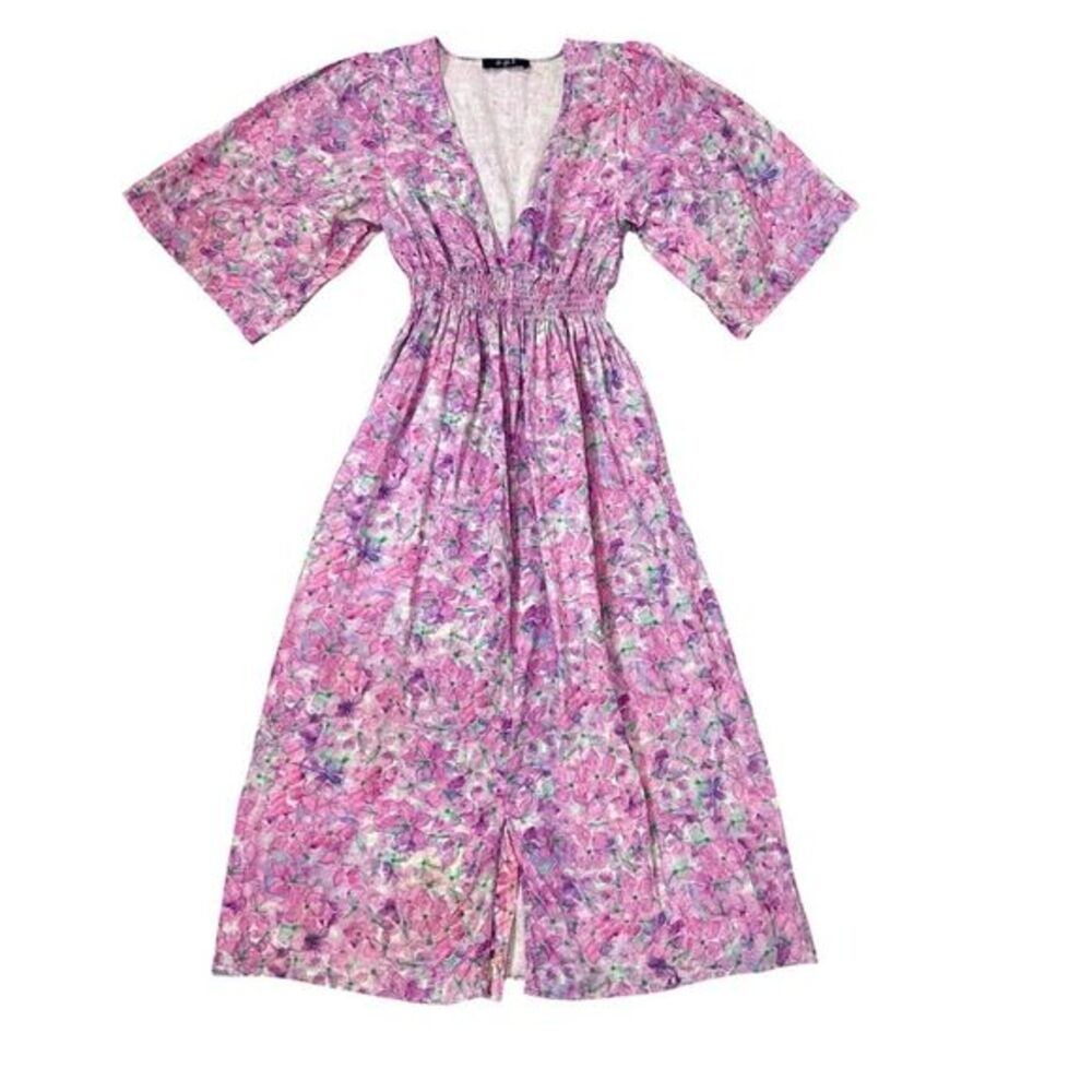 O.P.T Midi Dress Linen OPT Small Purple Green Floral V-Neck Short Sleeve Smocked